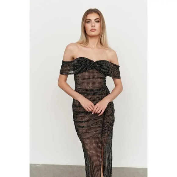 SELF-PORTRAIT Embellished Mesh Off-shoulder Black Dress Gown Cocktail Sz 0 - Picture 7 of 16